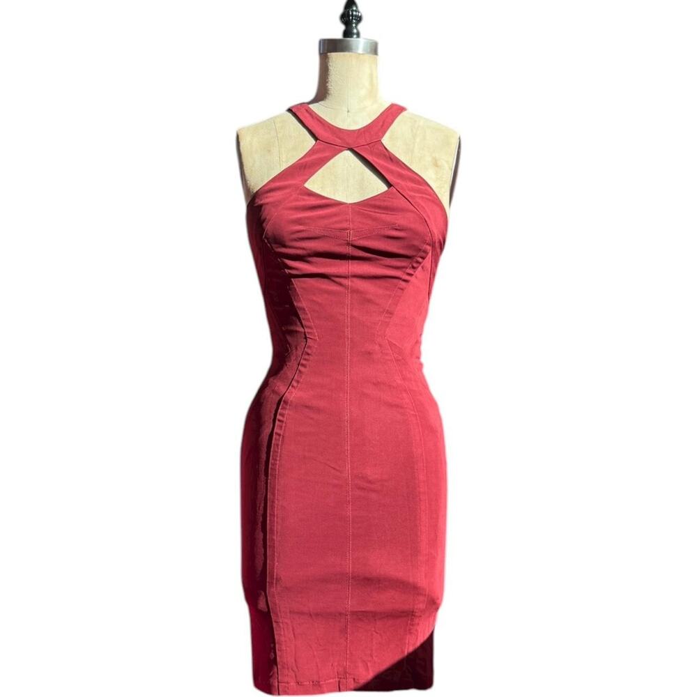 Y2K Red Cut25 dress with criss cross neckline bodycon dress XS